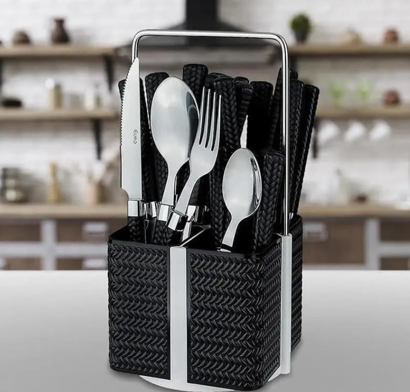 Conjunto de Talheres Varanda Gourmet Rattan, 24 peças, Preto, Euro