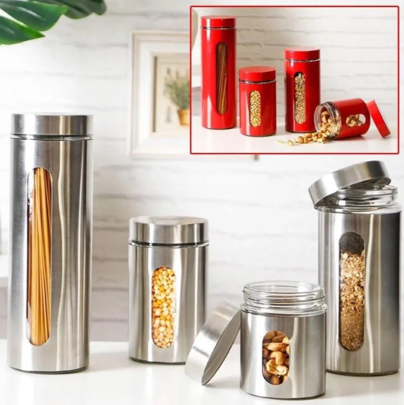 Conjunto de porta mantimentos 4 peças em vidro e inox – Basic+