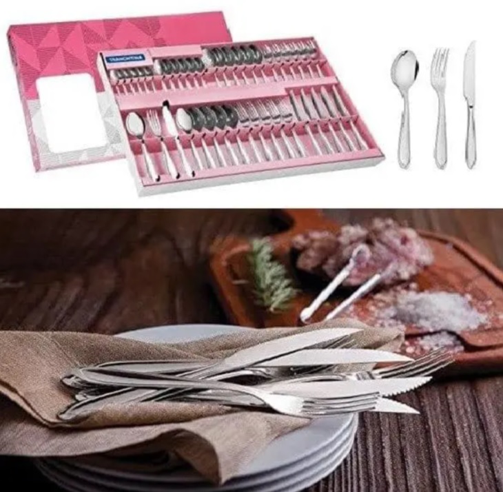 Faqueiro Aço Inox com Faca para Churrasco com 42 Peças Tramontina Laguna Prata