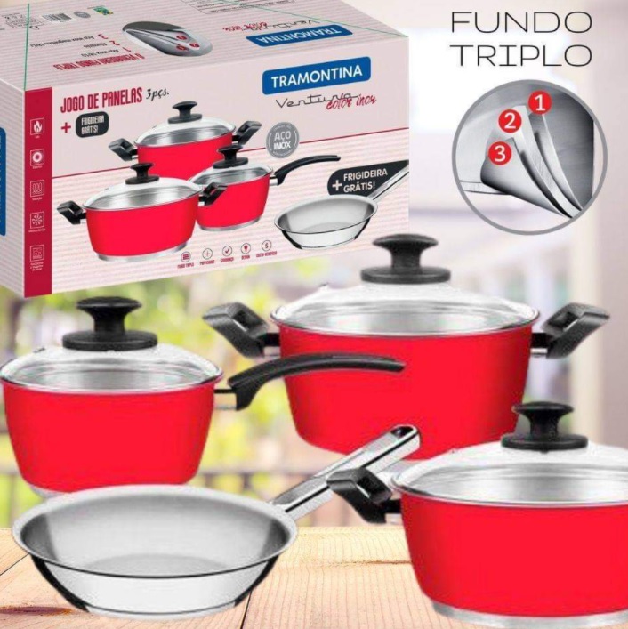 Jogo de Panelas Tramontina – Vermelha Fundo Triplo 4 Peças Ventura Color
