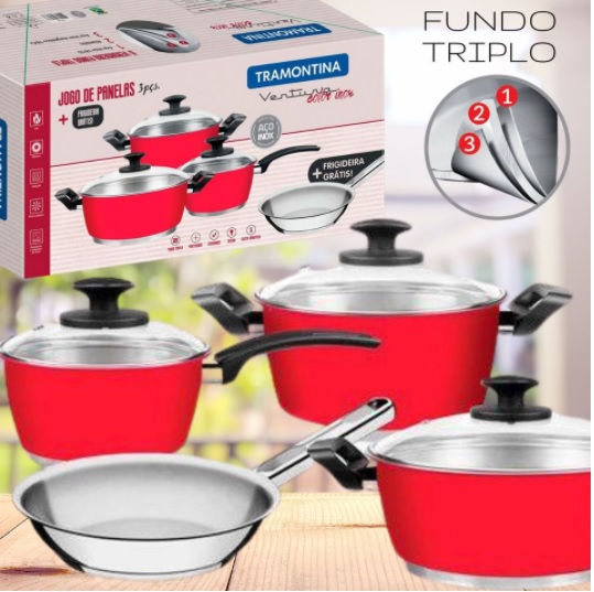 Jogo de Panelas Tramontina – Vermelha Fundo Triplo 4 Peças Ventura Color