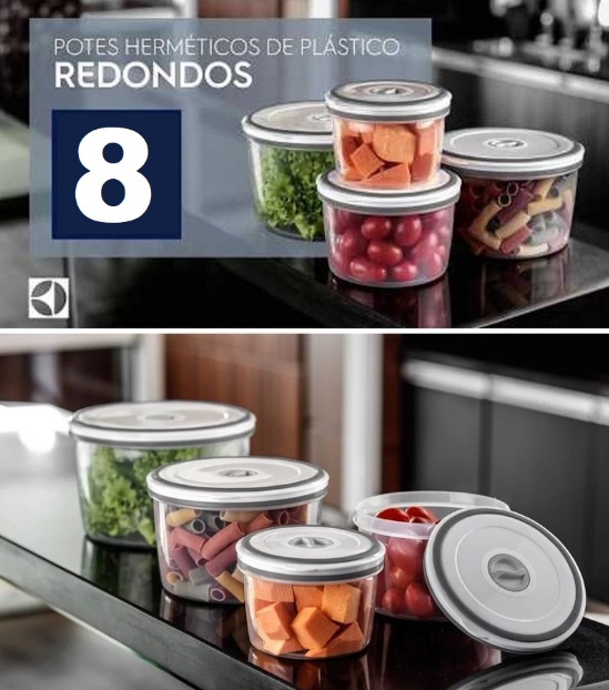 Kit Jogo de Potes de Plástico Hermético – Electrolux com Tampa Redondo A15405201 8 Peças