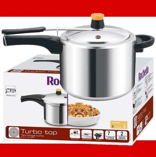 Panela de Pressão 7 L Rochedo Turbo com Fechamento Interno em Alumínio Polido e Tecnologia Turbo