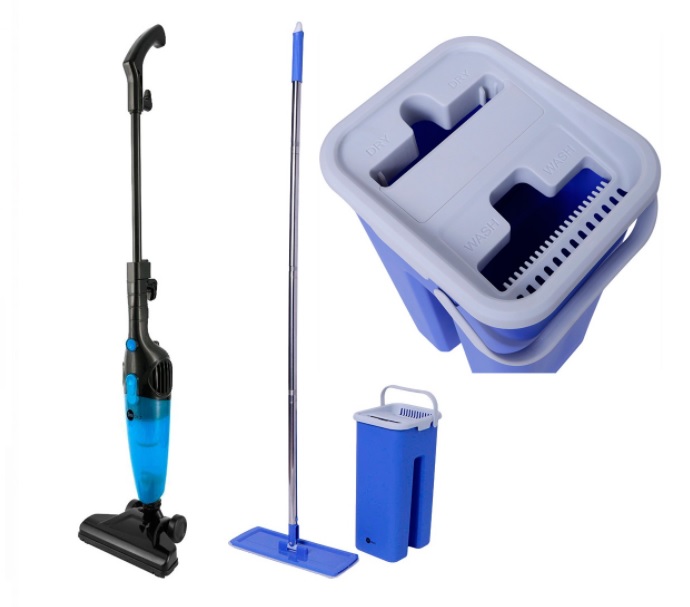 Aspirador Vertical 600 127v + Mop Flat Cinza e Azul – Fun Clean