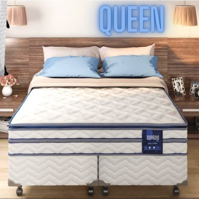Cama Box Queen Size + Colchão Queen Size Americanflex Topázio Gel com Pillow Top e Molas Ensacadas 67x158x198 cm – Azul/Branco