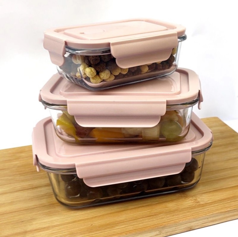 Conjunto 6 Potes Vidro Herméticos Sistema Lock Rosa Claro