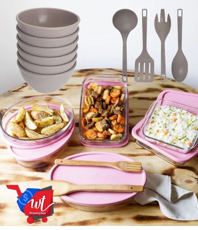 Conjunto de Assadeiras de Vidro com Tampa Marinex 6 Peças Cinza + 6 Tigelas 300 mL EVO + 4 Utensílios Cinza EVO