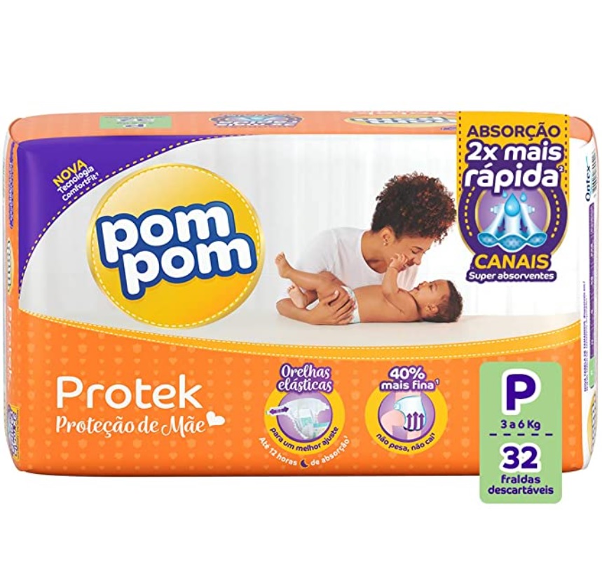 Fralda PomPom Protek Proteção de Mãe, P, Jumbo, pacote de 32