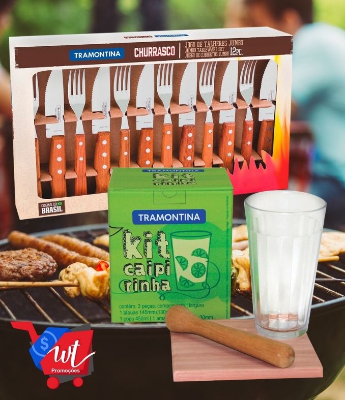 Jogo de Talheres Para Churrasco Jumbo Inox 12 Peças + Kit Para Caipirinha Tramontina