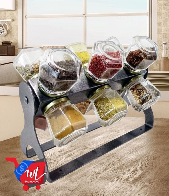 Porta Temperos Giratório Em Aço Com 12 Potes Vidro