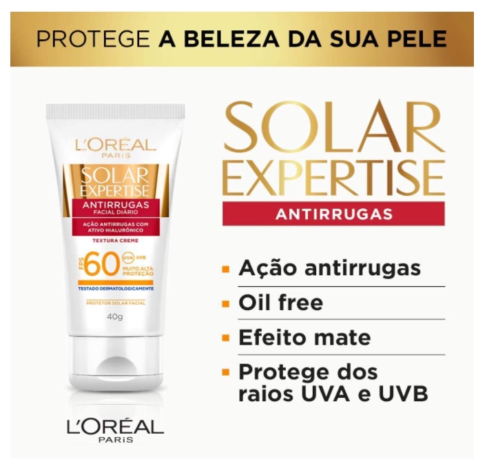 Protetor Solar L’Oréal Paris Solar Expertise Antirrugas FPS 60 40g, L’Oréal Paris