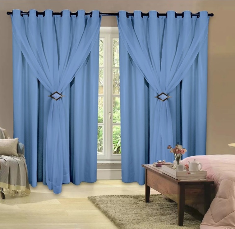 Cortina 100% Corta Luz Com Forro Blackout PVC Com Voil 2,00M X 2,50M Azul Para Varão Simples
