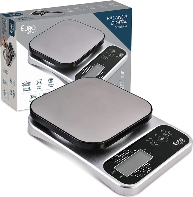 Balança Digital Pró para Cozinha, 5kg, Prata, Euro