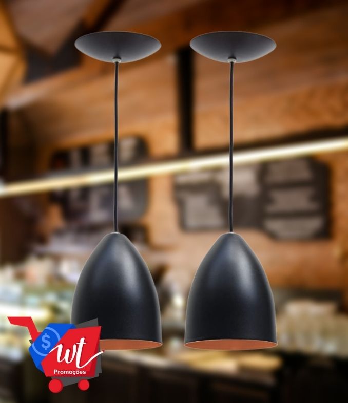 Combo Kit com 2 Pendentes Soft Cone Preto Cobre Luminária Alumínio Lustre 18Cm Sala