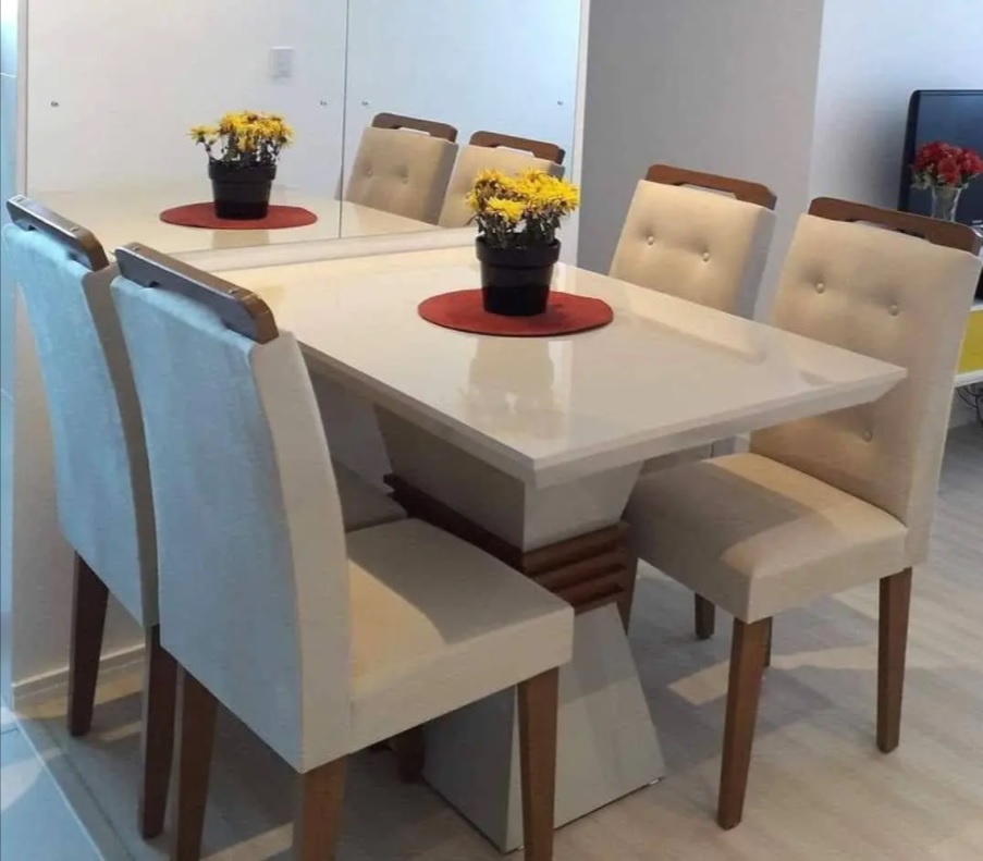 Conjunto Sala de Jantar Mesa 4 Cadeiras Luísa Espresso Móveis Veludo Creme/Off White/Imbuia – Espresso Móveis