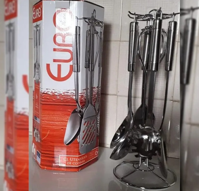 Conjunto Utensílios para Cozinha com Suporte Giratório 6 Peças, Inox, Euro