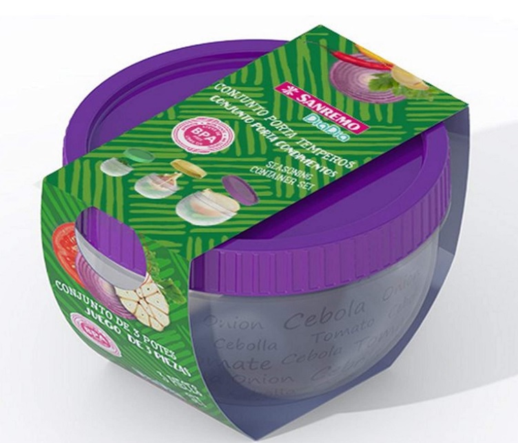 Conjunto com 3 Potes Plástico com Tampa Hermética, 400ml/165ml/70ml, Roxo ou Vermelho/Amarelo/Verde, Sanremo