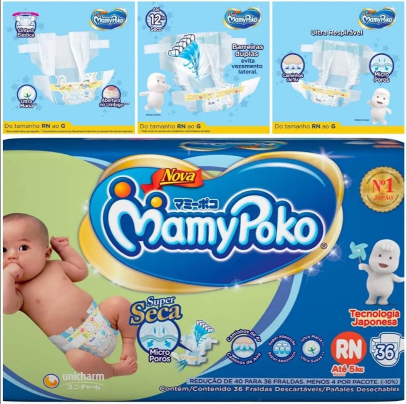 Fralda Fita MamyPoko Tamanho RN, 36 unidades
