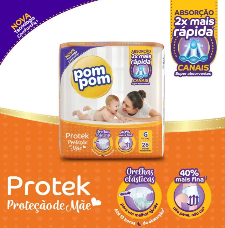 Fralda PomPom Protek Proteção de Mãe, M, Jumbo, pacote de 30