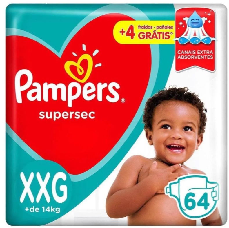 Fraldas Pampers Supersec Noturno – Tam. XXG + de 14kg 64 Unidades