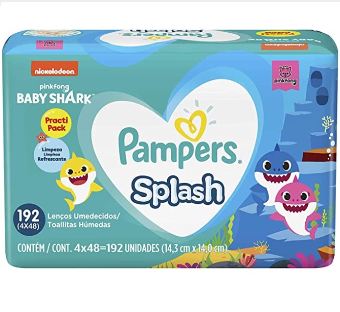 Lenços Umedecidos Pampers Splashers Baby Shark 192 Unidades, Pampers
