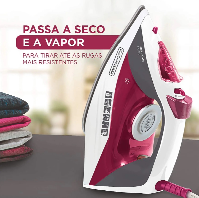 BLACK+DECKER Ferro de Passar a Vapor com Base Antiaderente 12V Rosa FX2200
