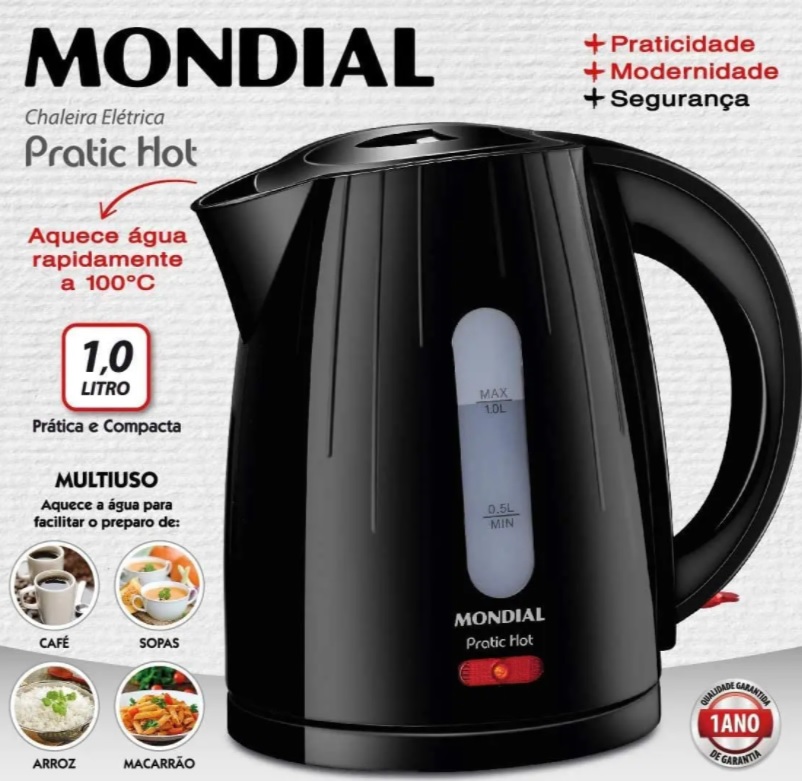 Chaleira Elétrica Pratic Hot, Mondial, Preto, 1200W, 110V – CE-07