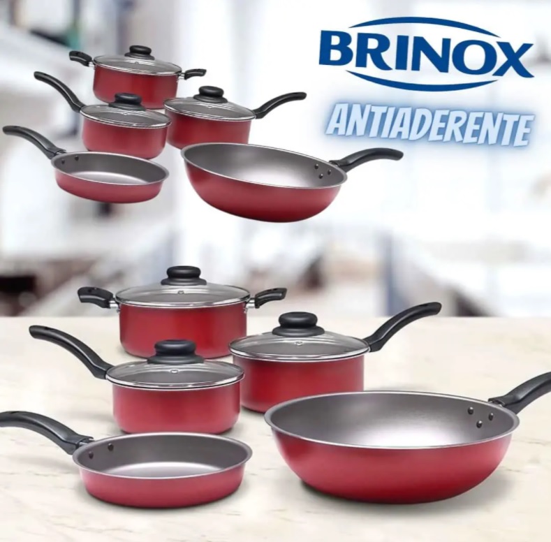 Conjunto de Panelas 5 Peças Brinox Ruby com Revestimento Interno Antiaderente Pro-Flon e Tampas de Vidro com Saída de Vapor – Vermelho