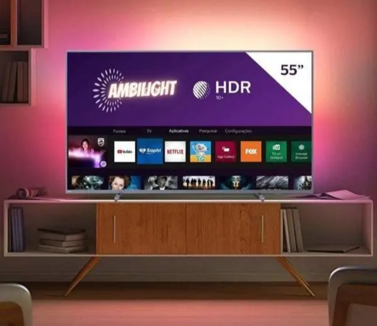 Smart TV LED 55” Philips 55PUG6794 4K Ultra HD AMBILIGHT 3 lados HDR10+ Dolby Vision Dolby Atmos Bluetooth Wifi 3 HDMI 2 USB – Prata