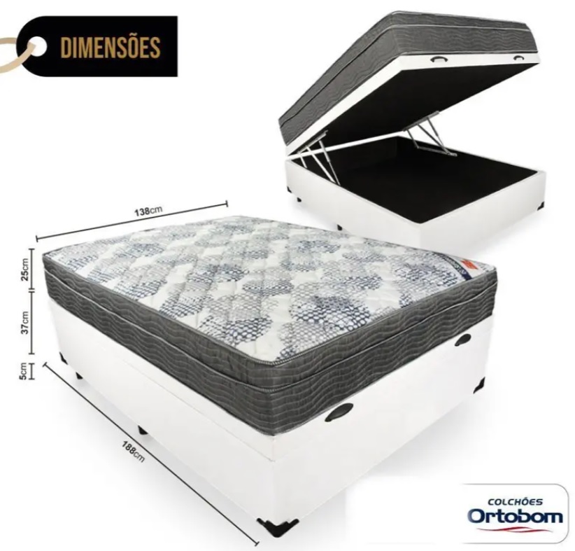 Cama Box Com Baú Casal + Colchão De Molas Ensacadas – Ortobom – ISO SuperPocket 138x188x67cm