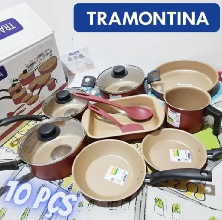 Conjunto de Panelas 10 Peças Tramontina Turim com Revestimento Antiaderente Starflon T1, Tampas de Vidro e Cabos de Baquelite