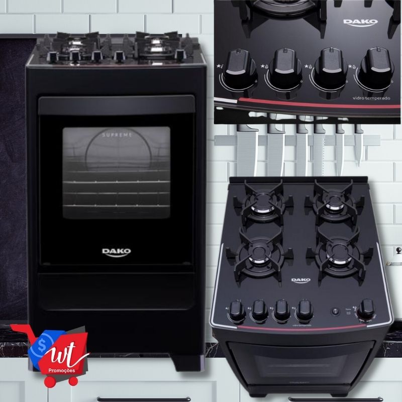 Fogão 4 Bocas Dako Preto – Acendimento Autmomático Supreme Glass