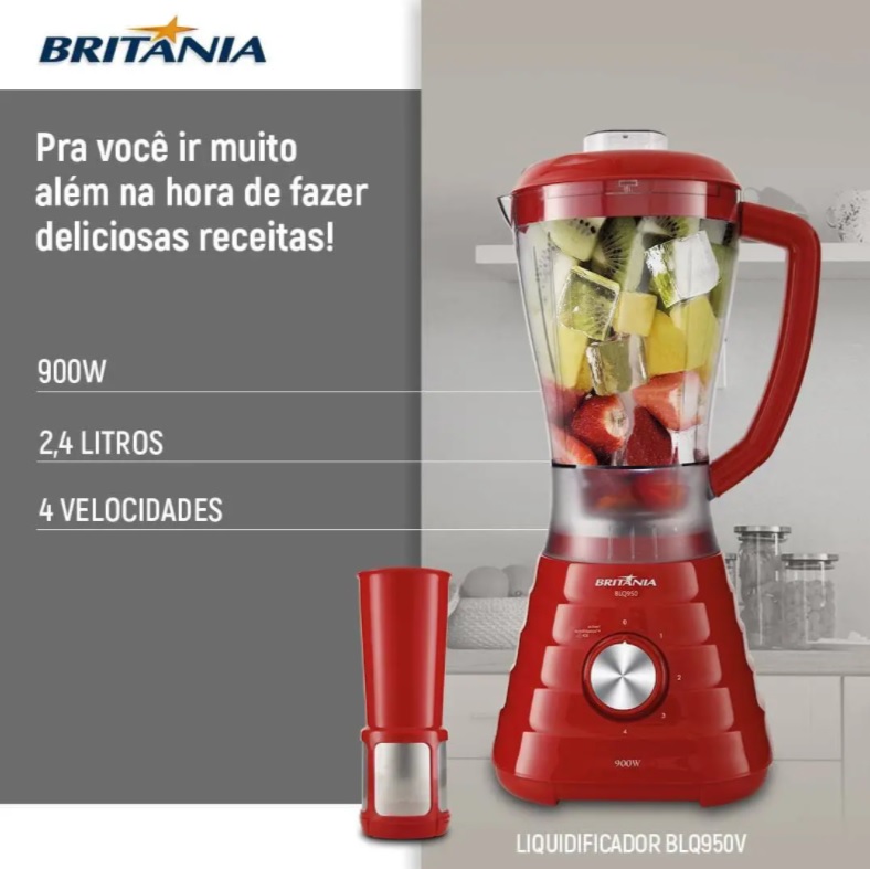 Liquidificador Britânia BLQ950V Vermelho – com Filtro 4 Velocidades 900W