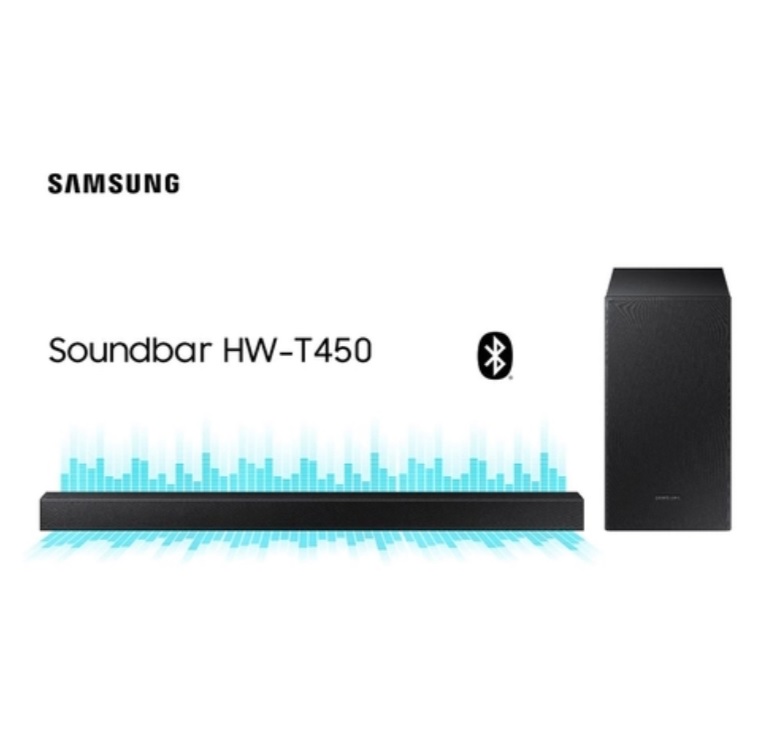 Soundbar Samsung Hw-T450, Com 2.1 Canais, Potência De 200w, Bluetooth E Subwoofer Sem Fio