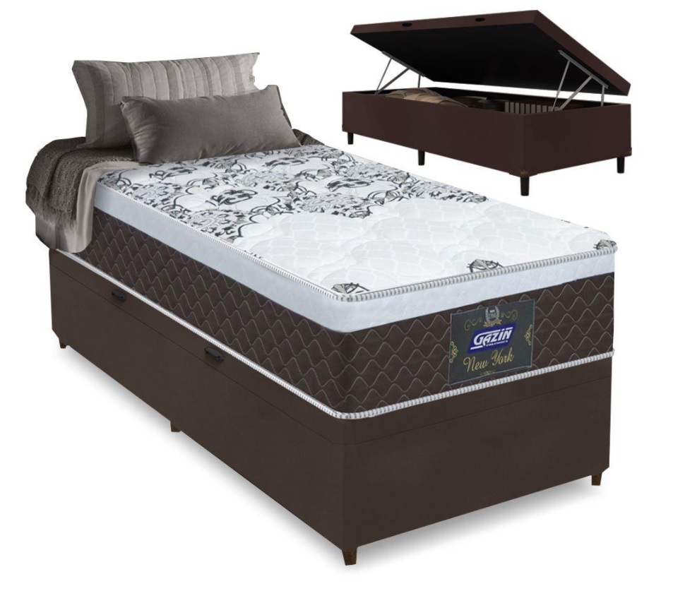 Cama Box Baú Solteiro Colchão Molas Ensacadas com Euro IN New York Marrom / Branco 88x188x66cm