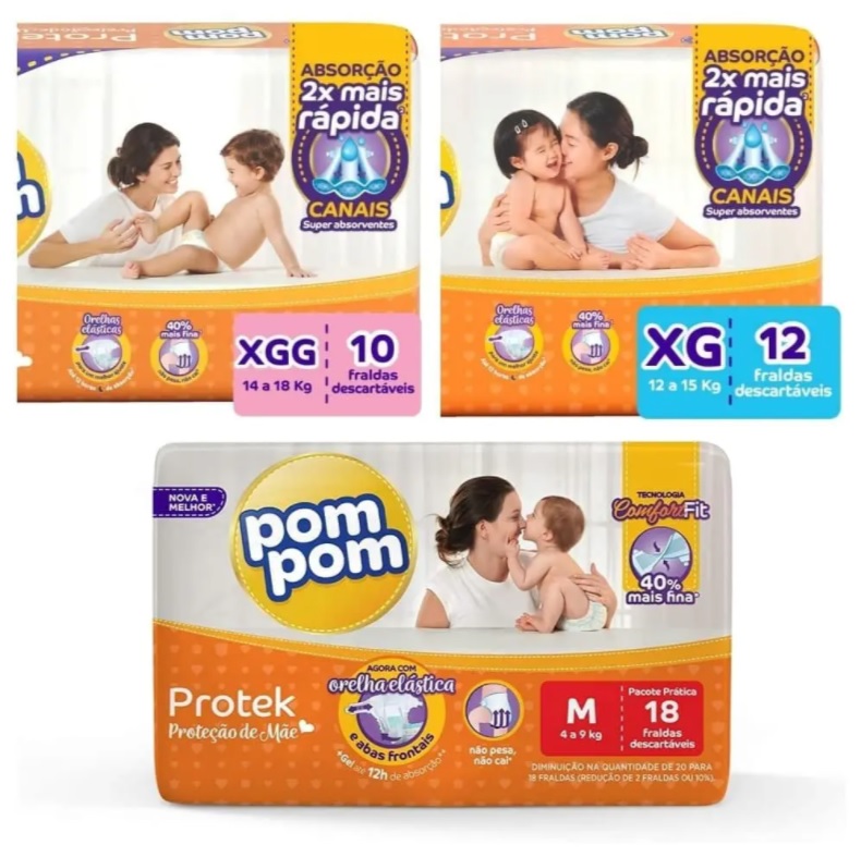 Fralda PomPom Protek Proteção de Mãe Jumbinho (M-18un. / XG-12un. / SXG-10un.)