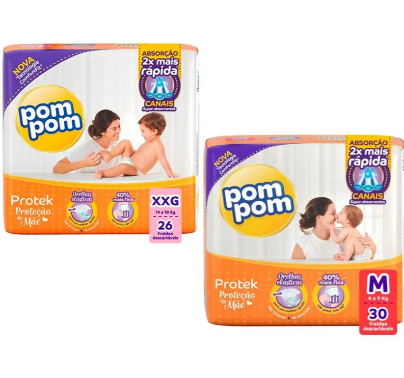 Fralda PomPom Protek Proteção de Mãe, M – 30un. ou XXG 26un.
