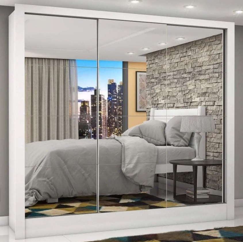 Guarda Roupa Casal 3 Portas com Espelho Porto Premium Espresso Móveis Branco