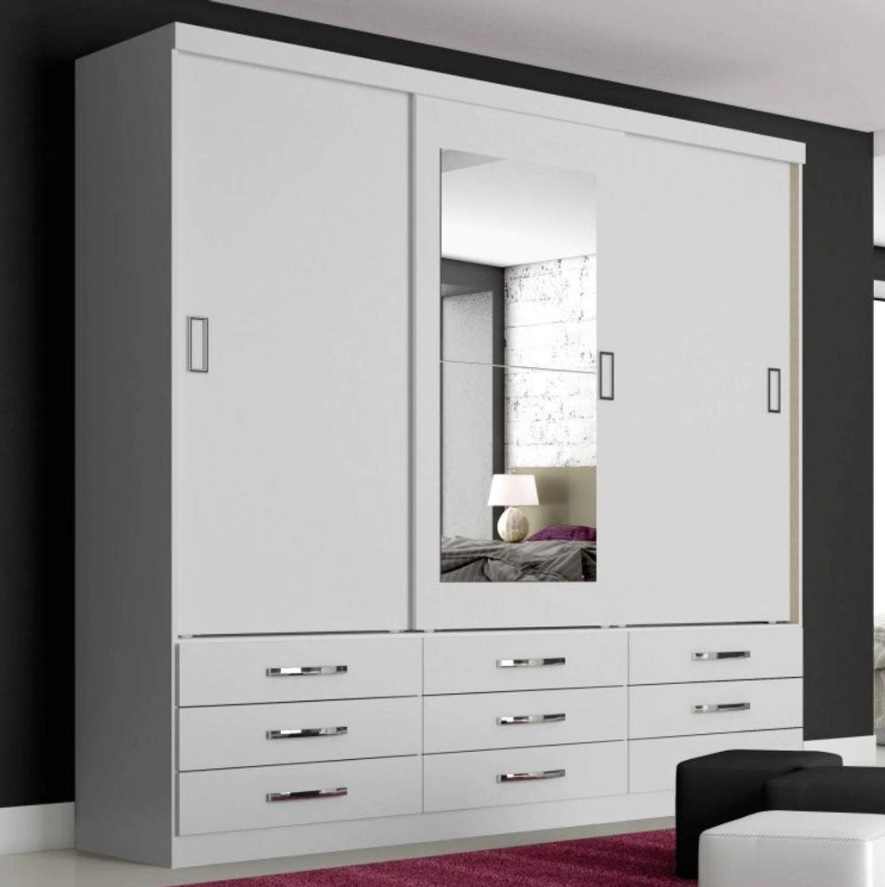 Guarda Roupa Casal com Espelho 3 Portas de Correr e 9 Gavetas Camille