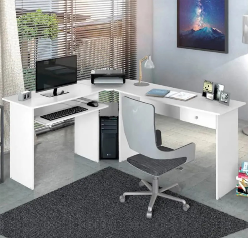 Mesa para Escritório em L 1 Gaveta Max Zanzini Branco Ártico