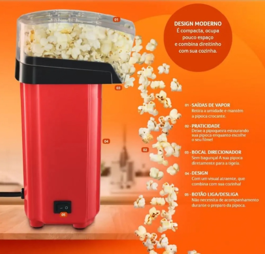 Pipoqueira Elétrica Sem Óleo 900w Vermelha Multilaser