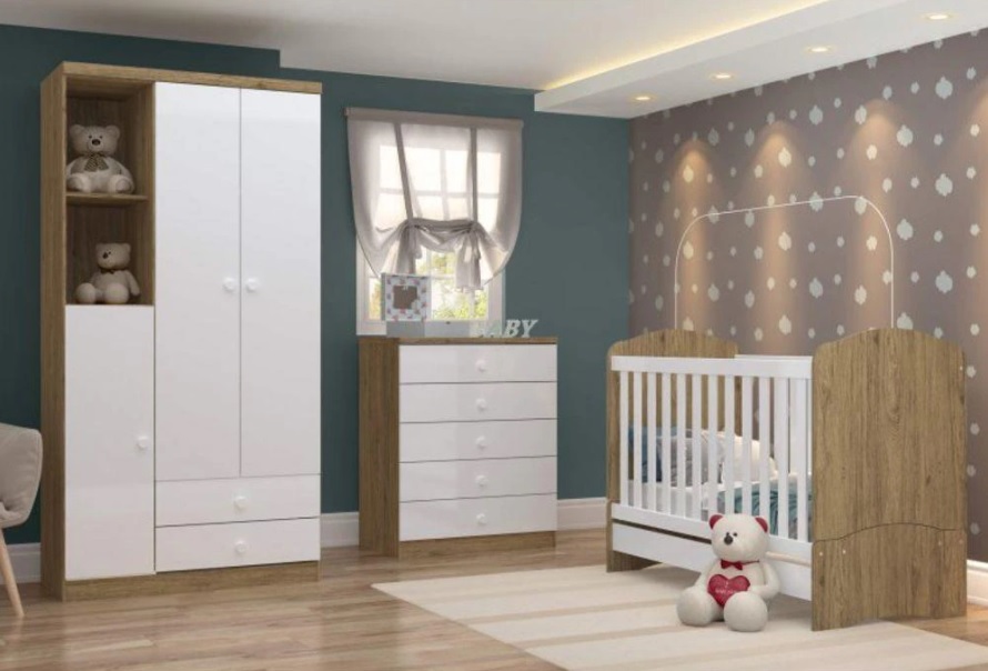 Quarto de Bebê com Guarda Roupa 3 Portas Cômoda e Berço Faz de Conta Espresso Móveis Branco/Rústico
