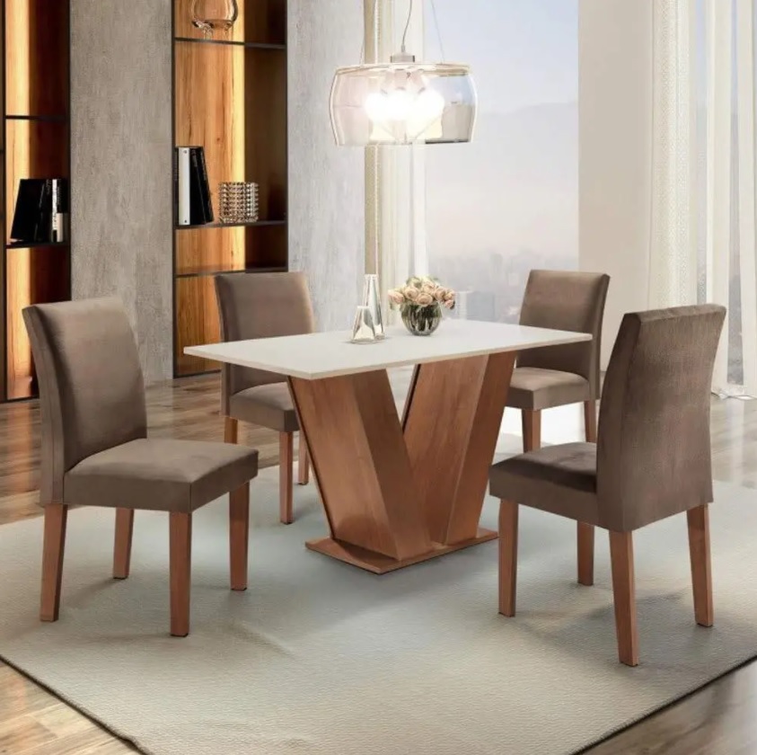 Conjunto Sala de Jantar Mesa Tampo MDF 4 Cadeiras