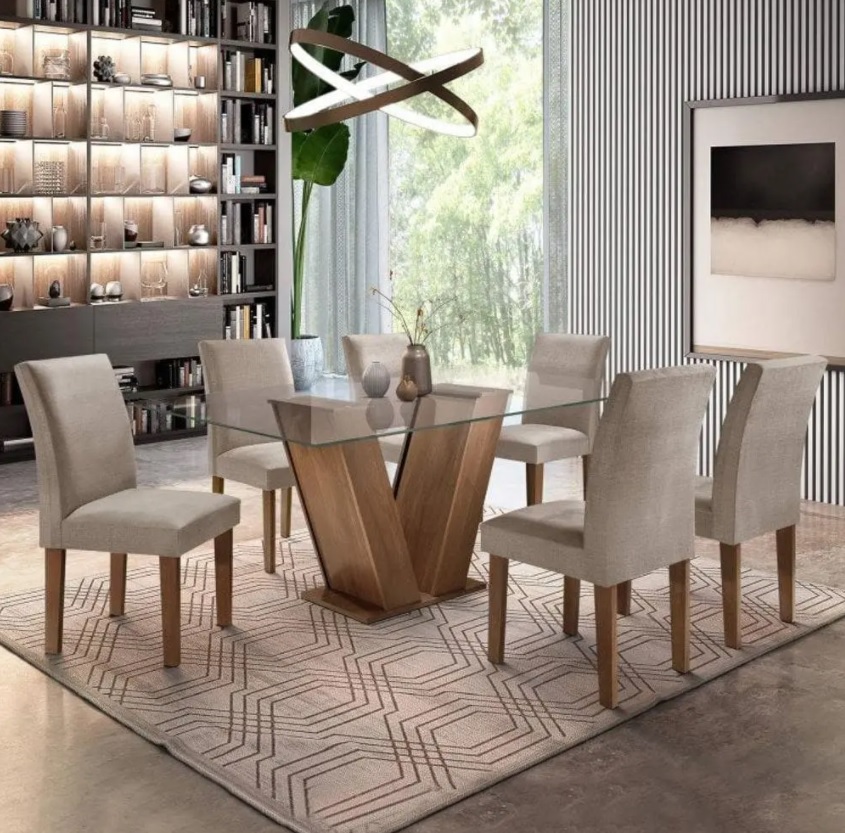 Conjunto Sala de Jantar Mesa Tampo de Vidro 6 Cadeiras Classic Cel Móveis