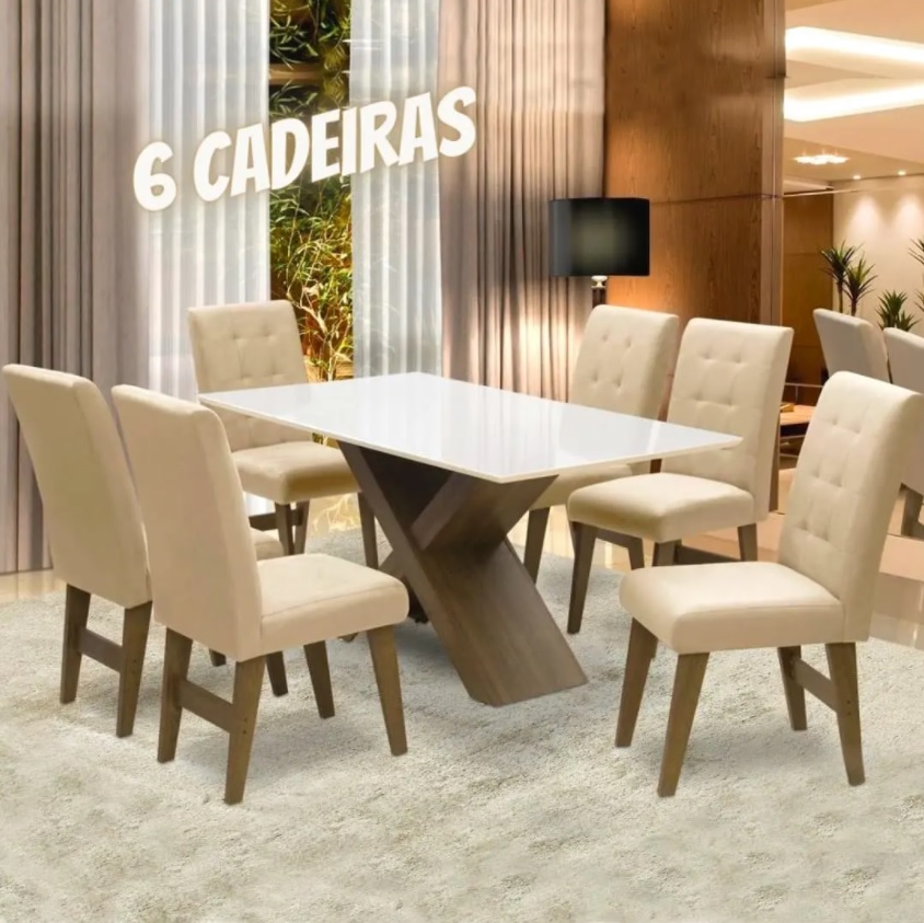 Conjunto de Mesa de Jantar Off White Dubai 1,60m MDF com 6 Cadeiras Castanho / Areia