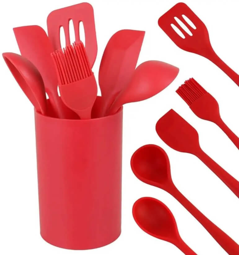Conjunto de Utensílios de Silicone Vermelho 6 Peças com Suporte – Casual Home