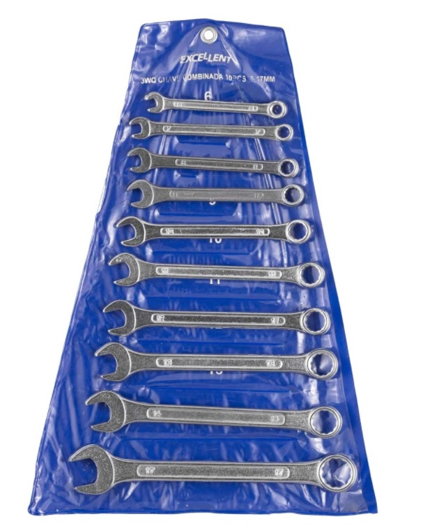 Eda 3WQ Chaves Combinadas na Bolsa Eda, Jogo 10 Peças, Prateado