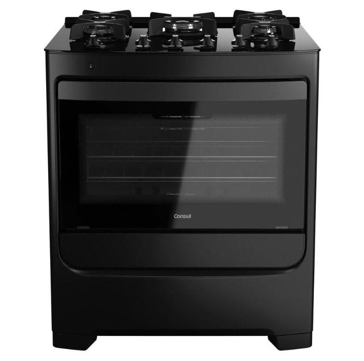 Fogão Consul 5 bocas Preto com mesa de vidro e grades individuais de ferro fundido – CFS5VAE – Bivolt