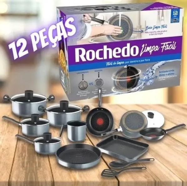 Jogo de Panelas Rochedo Antiaderente de Alumínio – Grafite 12 Peças Limpa Fácil
