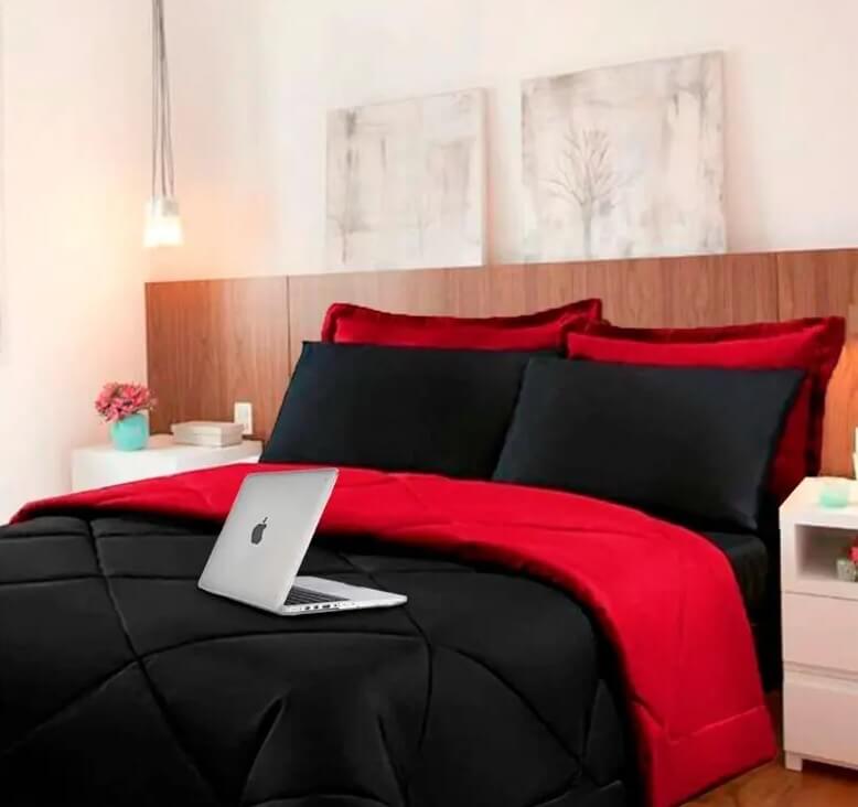 Kit 6 Pçs com Edredom e Lençol Aconchego Casa Dona Dupla Face Casal Queen Preto e Vermelho